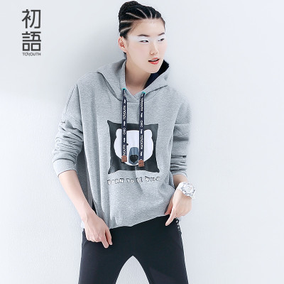 初语潮牌2015冬季 时尚印花卫衣女卡通连帽中