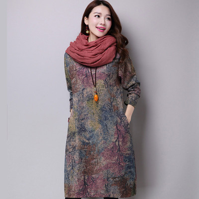 韩兜衣馆 韩版大码复古民族风女装棉麻印花宽