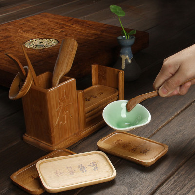 郑品 竹制茶字带长杯托 组合茶道六君子12件套